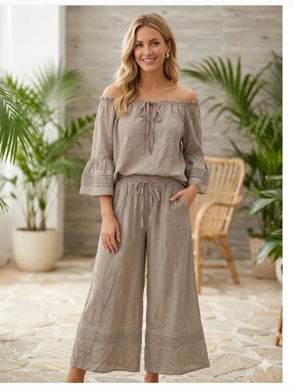 IT 1. Made In ITALY viscose Embroidered Hem Off Shoulders Pants Set